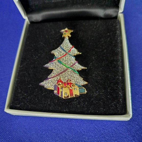 Swarovski Signed Gold Plated Christmas Tree Pin